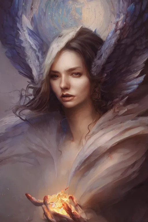 Image similar to beautiful girl sorcerer transforming into fire and ice, casting magic spell, angel, fantasy, magic the gathering, hyper detailed, 3 d render, hyper realistic detailed portrait, peter mohrbacher, wlop, ruan jia, luis royo