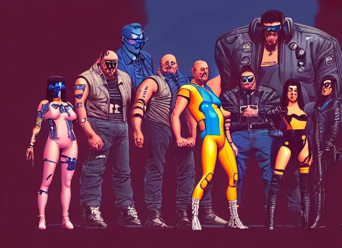 Image similar to cyberpunk wrestling team. portrait by stonehouse and mœbius and will eisner and gil elvgren and pixar. character design. realistic proportions. cyberpunk 2 0 7 7 character art, blade runner 2 0 4 9 concept art. cel shading. attractive face. thick lines. the team. diverse characters. artstationhq.