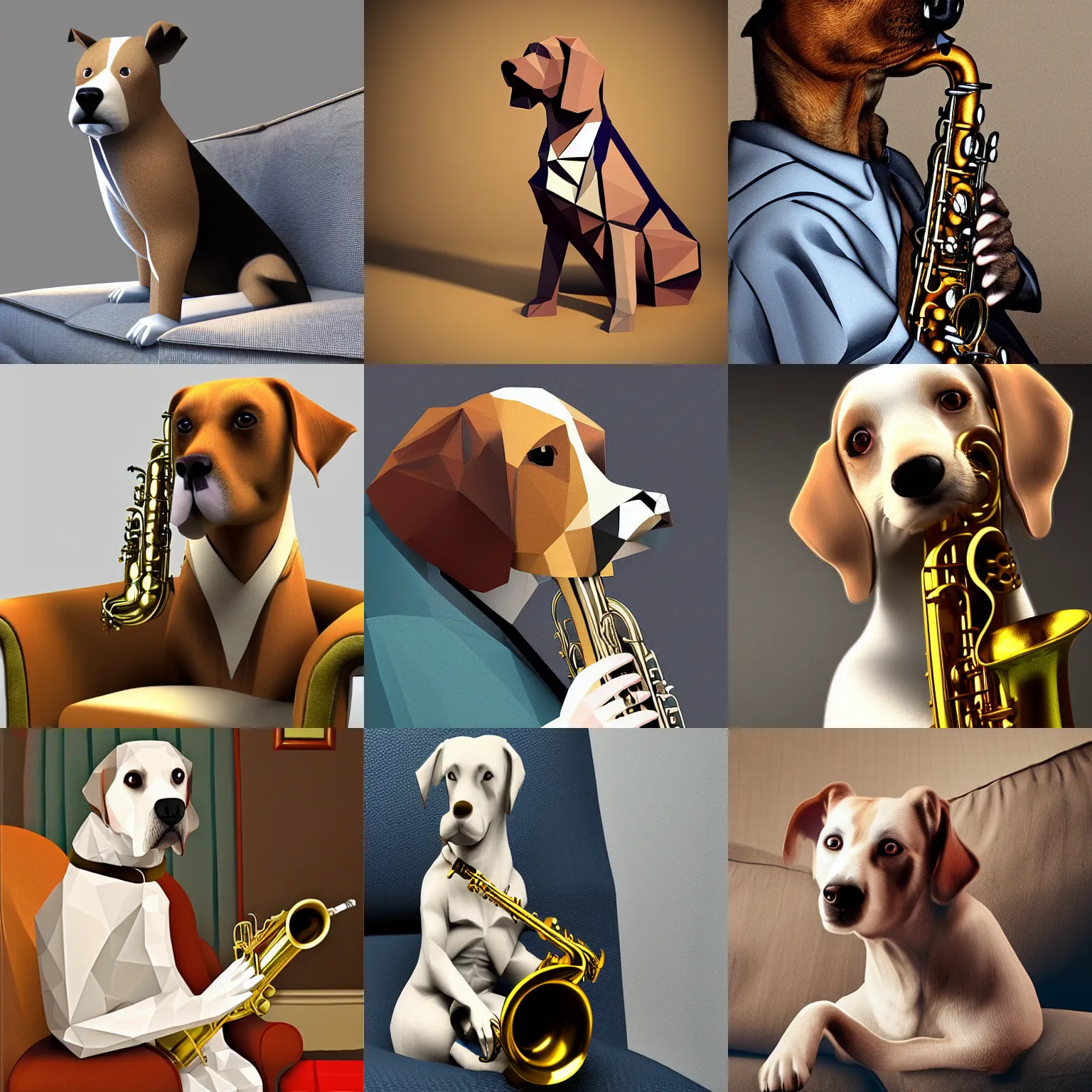 Prompt: dog playing the saxophone, sitting on the sofa, medieval portrait, low poly, close up