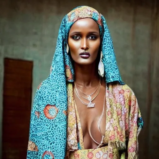 Image similar to somali model, waris dirie, warsan shire, beautiful, somali attire, vintage, intricate