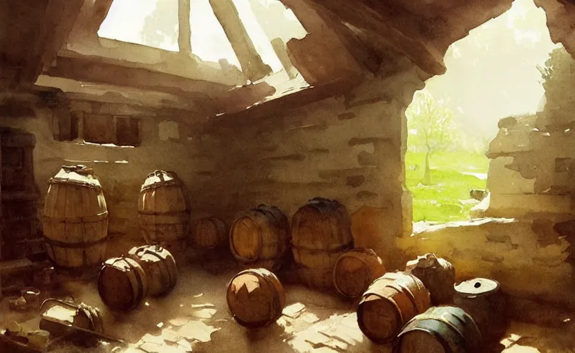 Prompt: watercolor painting of rustic ruin cellar, wooden crates, barrels, stone walls, lantern, very beautiful ambient lighting, sun rays, dust, art by john singer sargent, by anders zorn and winslow homer, wonderful masterpiece by greg rutkowski, cinematic light, american romanticism by greg manchess, creation by tyler edlin