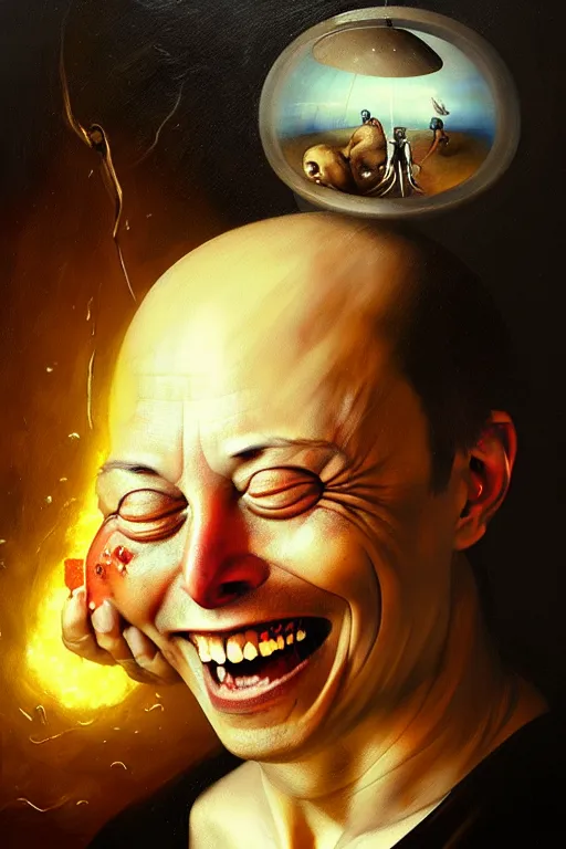 Image similar to hieronymus bosch, greg rutkowski, anna podedworna, painting of elon musk eating bitcoins, insane face, extreme close up, screaming and crying