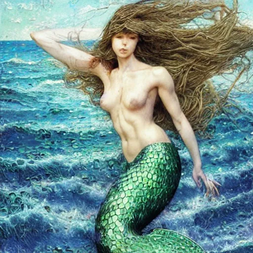 Prompt: beautiful mermaid emerging from the ocean, art by Edgar Maxence and Ross Tran and Michael Whelan