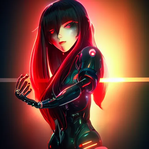 Prompt: digital anime, cyborg - girl refracting reality, black red long hair!, biomechanical details, neon background lighting, reflections, wlop, ilya kuvshinov, artgerm