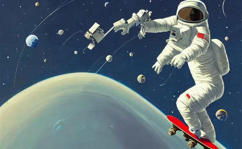 Prompt: an astronaut skate boarding in space, very coherent, painted by Edward Hopper, Wayne Barlowe, painted by James Gilleard, airbrush, art by JamesJean