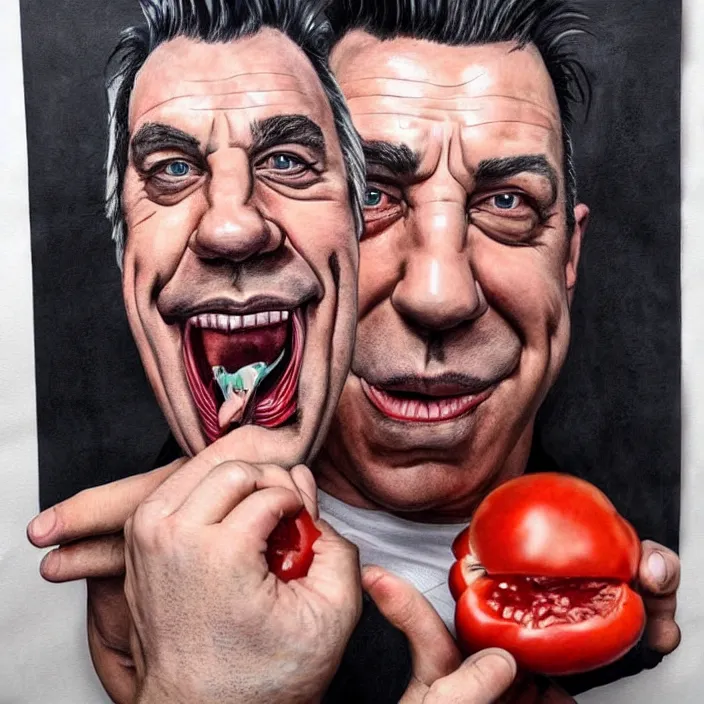 Prompt: portrait of till Lindemann. Caricature artwork. trending on artstation, very coherent symmetrical artwork. He's eating a tomato. He cosplays thanos. cinematic, hyper realism, high detail, newspaper illustration, iridescent accents