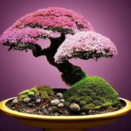 Image similar to A picture of a planet of various flowers, fungus and plants, Bonsai , in which the human figure is dressed in something magical and impressive, inside the picture is infinity, muted light, BotanicalAtmospheric phenomenon, artistic photography, muted colors, conceptual, Kodachrome