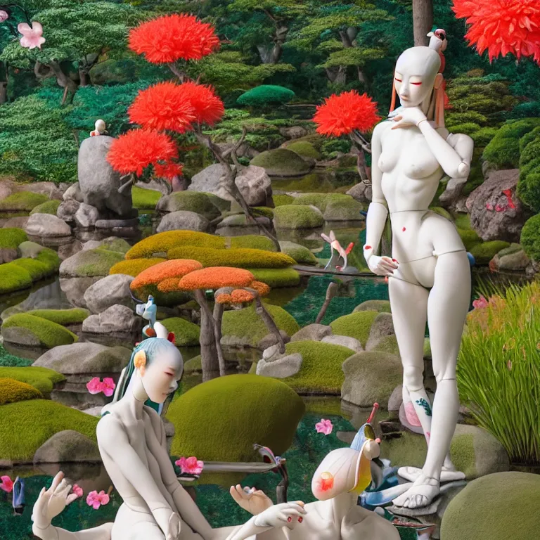 Prompt: Vibrant Japanese Garden by Hieronymus Bosch and James Jean, part by Ross Tran, 3d Rendered Porcelain Japanese Mannequins, HD, very cohesive, symmetry, serenity, hypermaximalist, 8k, surreal oil painting, highly detailed, dream like, masterpiece