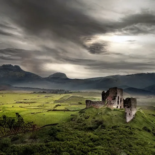 Image similar to Vast verdant empty flat valley surrounded by Transylvanian mountains. A huge zeppelin in the sky among dark clouds. A ruined medieval castle on the hillside in the background. No villages or buildings. Late evening light in the summer, gloomy weather. Hyperrealistic, high quality, sharp, highly detailed, petru bejan.