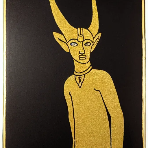 Image similar to painting of the god Anubis wearing an office suit with a gold necklace, looking at the camera, black background, studio light