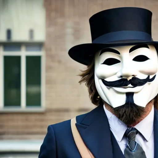 Prompt: professor anonymous wearing guy fawkes mask giving lecture at university