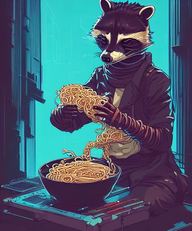 Image similar to a portrait of an anthropomorphic cyberpunk raccoon eating ramen, cyberpunk!, fantasy, elegant, digital painting, artstation, concept art, matte, sharp focus, illustration, art by josan gonzalez