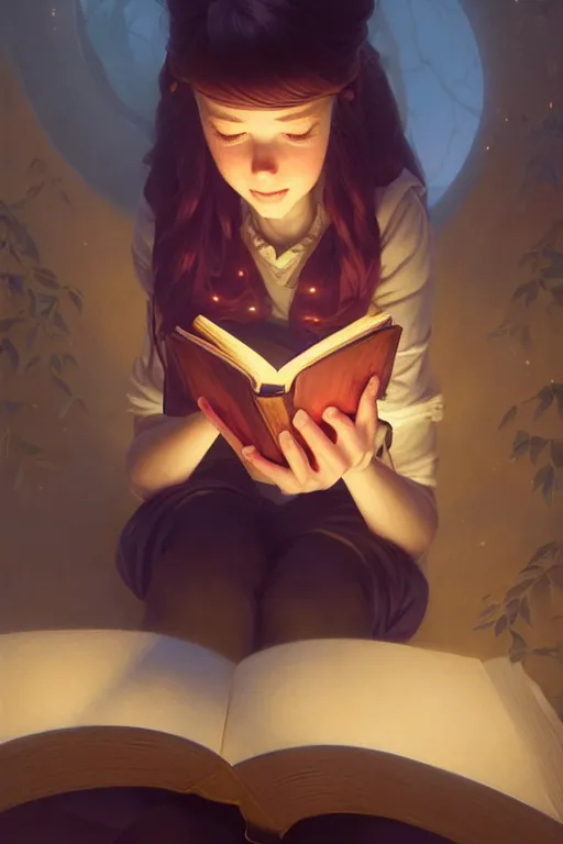 Image similar to highly detailed portrait of beautiful girl reading a book in pixar up, dynamic pose, stephen bliss, unreal engine, fantasy art by greg rutkowski, loish, rhads, ferdinand knab, makoto shinkai and lois van baarle, ilya kuvshinov, rossdraws, tom bagshaw, global illumination, radiant light, detailed and intricate environment