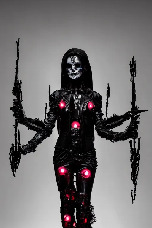 Prompt: full-body cyberpunk style sculpture of a young beautiful dark priestess, half android with a head opening exposing circuitry, glowing red eyes, black roses, flowing blood-red colored silk, fabric, candles, baroque elements, human skull, full-length view. baroque element, intricate artwork by Caravaggio. crows flying in background. Trending on artstation. cinematic lighting from the right, hyper-realism, octane render, 8k, depth of field, 3D