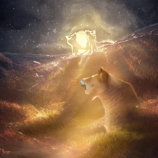 Image similar to a clear crystal wolf with moon shining through it, fantasy art, high definition, lens flares