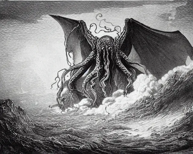 Image similar to “An engraving of Cthulhu rising from beneath a storm-tossed sea by Gustave Dore”