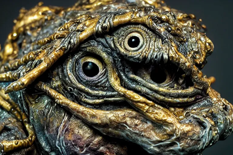 Prompt: photo taken of an epic intricate, ultra detailed, super realistic sculpture of a wet, slimy, nightmarish hellish demonic creature with bioluminescent eyes on display in a workshop, created by weta workshop, zoomed in shots, photorealistic, sharp focus, f 0. 4, face centred, macro photography, golden ratio, golden hour
