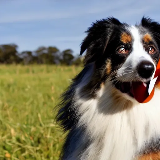 Prompt: australian shepherd with one eyepatch in a field on a sunny day