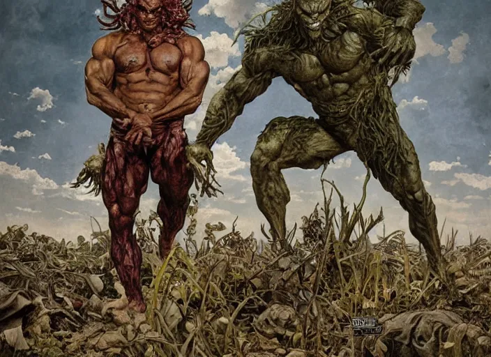 Prompt: renaissance grotesque full body portrait painting of angry bodybuilder swamp thing walking to the camera, camera puller back far, in a wasteland, landfill, elegant artwork by lee bermejo and greg rutkowski and alphonse mucha