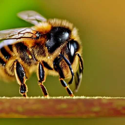 Prompt: macro photo of bee drinking water from droplet, kodak portra 4 0 0 color negative film