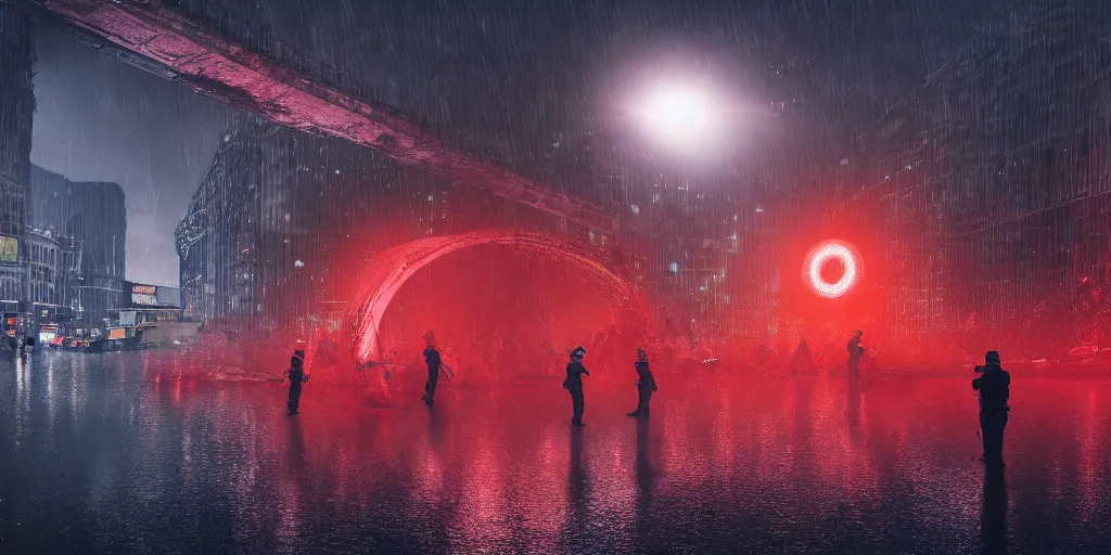 Prompt: policemen protect a huge red spiral - shaped luminous object right in the center of the city from protesting people, night, rain and light fog, professional lighting, concept art in 3 d, high detail, professional lighting