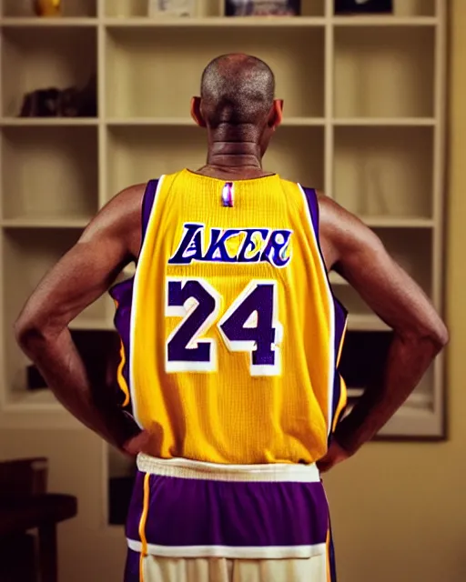 Prompt: portrait of kobe bryant, wrinkled, in 7 0 years old, wearing lakers jersey, photography by steve mccurry, 1 5 mm lens, in his study, trending on artstation