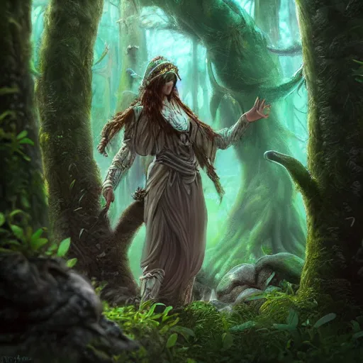 Image similar to druid in a natural scene. beautiful and very detailed digital art. trending on artstation.