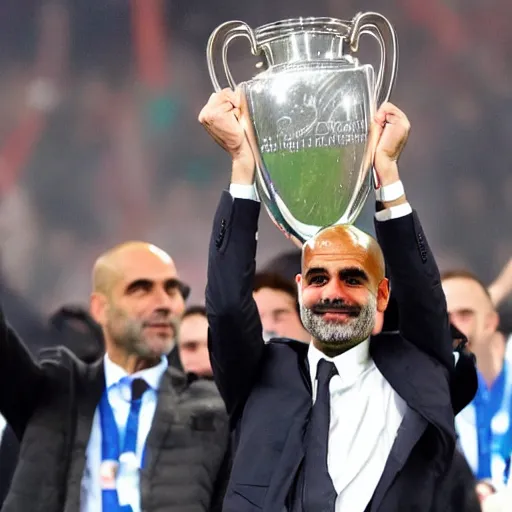 Image similar to High quality front photo of Pep Guardiola lifting a champions league trophy