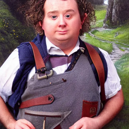 Image similar to close up headshot of a frowning clean shaven pudgy British lad with short curly dark brown hair as a hobbit wearing a white men's crossbody sling chest bag and blue vest, blue vest!! white crossbody chestbag!! high resolution film still, painting by Ed Binkley