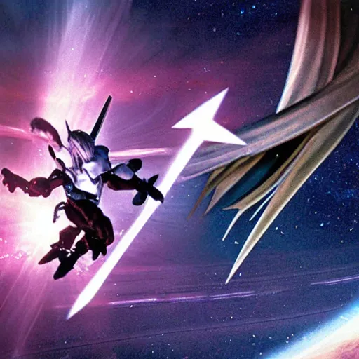 Prompt: Photograph. Film still. Sephiroth body slamming Megatron. In outer space. Cinematic. Incredible lighting. Beautiful. Stunning. Extremely detailed. 4K.