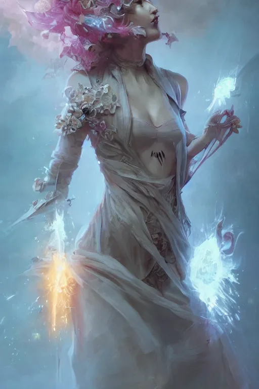 Image similar to beautiful girl necromancer exploding into flowers, angels, 3 d render, hyper - realistic detailed portrait, holding electricity, ruan jia, wlop. scifi, fantasy, hyper detailed, octane render, concept art, peter mohrbacher