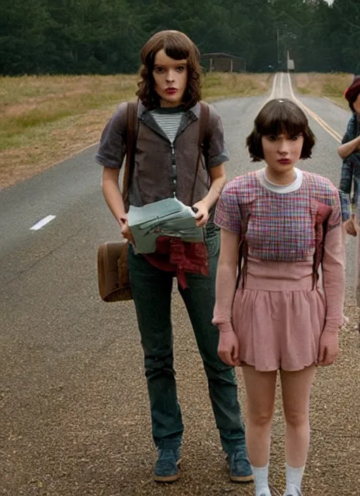 Image similar to film still of zooey channel as Eleven in stranger things,