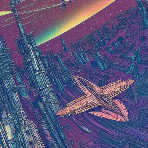 Prompt: alien fighter jets death cityscape Digital Matte Illustration, pastiche by Dan Mumford, pastiche by Louis Comfort Tiffany, pastiche by Victo Ngai, Precise and Intricate Linework, Art Nouveau Cosmic Nebula 4k Detailed Matte Illustration trending on ArtStation ,CGSociety