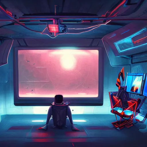 Image similar to a man sitting on a chair with things attached to his head, screens and monitors in front of him playing videos, ship interior, narrow hallway, scifi colors, dramatic lighting, dark, spotlight, surreal, by magali villeneuve