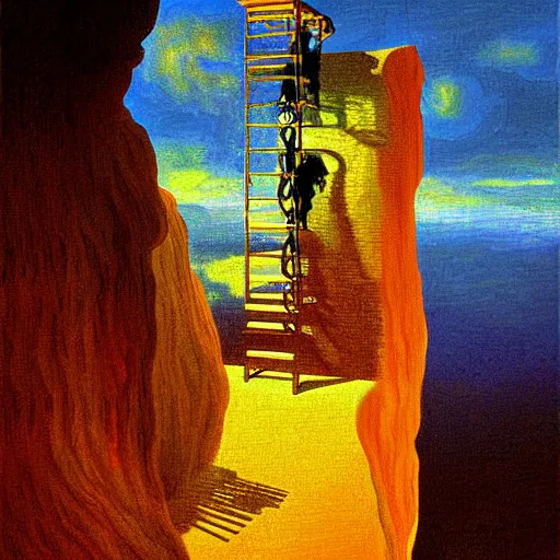 Prompt: A climber that codes A.I. - award-winning digital artwork by Dali and Monet. Stunning lighting