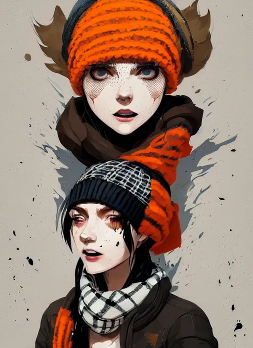 Image similar to highly detailed portrait of a sewer punk lady student, freckles, beanie cap, tartan scarf, white hair by atey ghailan, by greg rutkowski, by greg tocchini, by james gilleard, by joe fenton, by kaethe butcher, gradient, orange, black, brown and cream color scheme, grunge aesthetic!!! white graffiti tag wall background