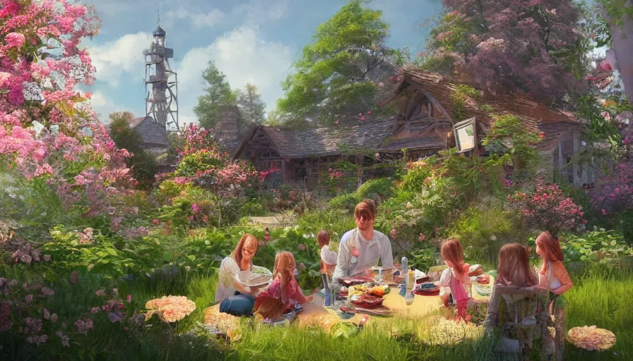 Image similar to Family having lunch in a flowered garden of a charming wooden house with a tower, hyperdetailed, artstation, cgsociety, 8k