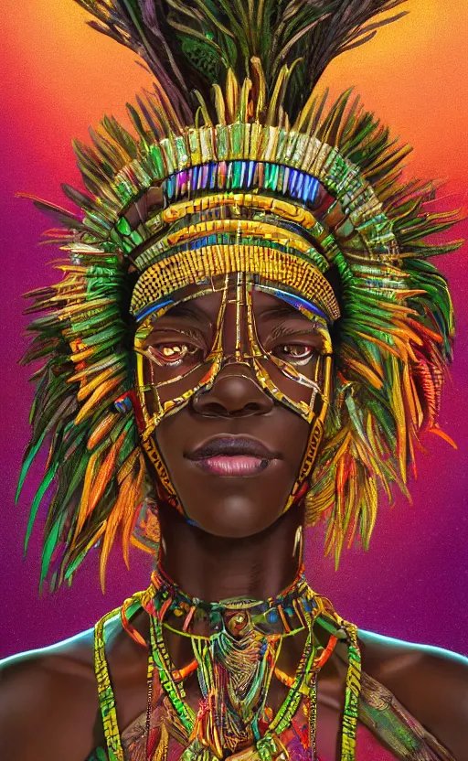 Prompt: upper half portrait of retro futuristic african tribal chief - embellished with vegetation and iridescent crystals, art by stanley artgem lau, highly detailed, digital painting, concept art, illustration, smooth sharp focus, intricate, symmetry, artstation, colourful,