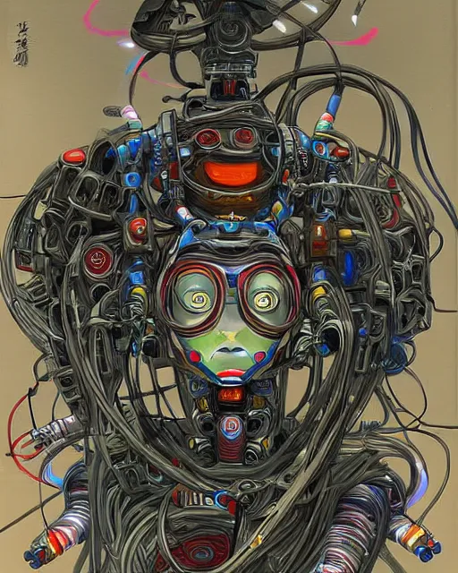 Image similar to Kuniyoshi portrait of a robot saint made of cables and robotic pod in the style of peter mohrbacher