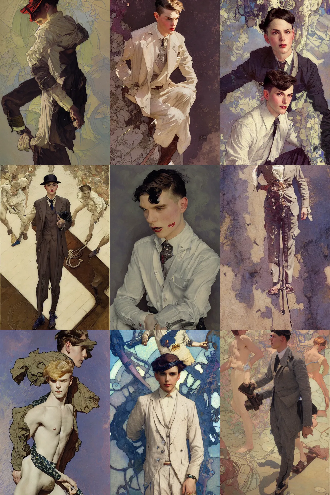 Prompt: young male, 1 9 2 0 s fashion, art by joseph leyendecker, donato giancola, dean cornwell, peter mohrbacher, ruan jia, marc simonetti, ayami kojima, cedric peyravernay, alphonse mucha, thomas kinkade, victo ngai