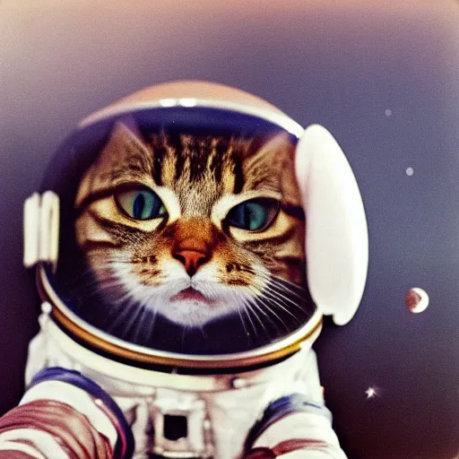 Prompt: Lomotype candid photography of an astronaut brown tabby cat with a bubble as a helmet, visiting Saturn, surrounded by bubbles