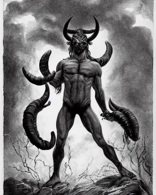 Prompt: a red skinned highly muscular devil satyr with goat legs, yellow goat eyes, long pointy chin, red face, and two huge water buffalo like black horns jutting out from the top of his large red head, in the style of darkness from the movie legend