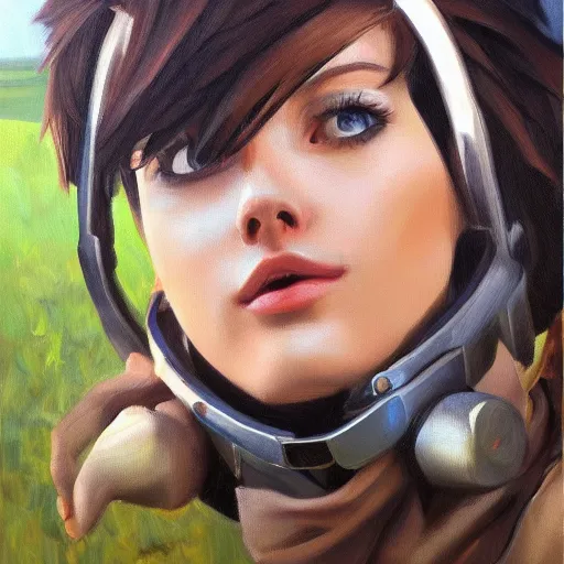 Image similar to oil painting of tracer overwatch in a field wearing large steel choker around neck, in style of mark arian, expressive face, detailed face, detailed eyes, full body, feminine face, tracer overwatch,