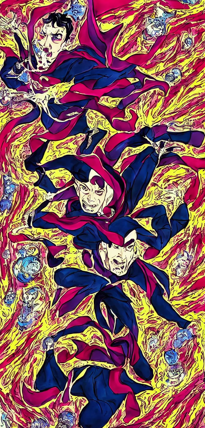 Image similar to Dr strange as an evil anime character in the style of Junji Ito, bright colourful pop art