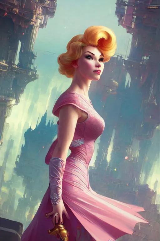 Image similar to gta 5 princess peach profile picture by greg rutkowski, dynamic pose, intricate, futuristic, fantasy, elegant, by stanley artgerm lau, greg rutkowski, thomas kindkade, alphonse mucha, loish, norman rockwell, fantasy lut, asymmetric, long hair, retro computer graphics, video game, fluid lines,