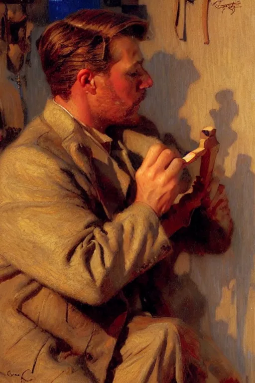 Image similar to gorgeous male whittling a wooden figure, alsace, painting by gaston bussiere, craig mullins, j. c. leyendecker