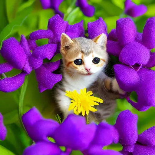 Image similar to a professional photograph of a tiny cat climbing a giant flower, high quality, highly detailed, cute, HD, 8K