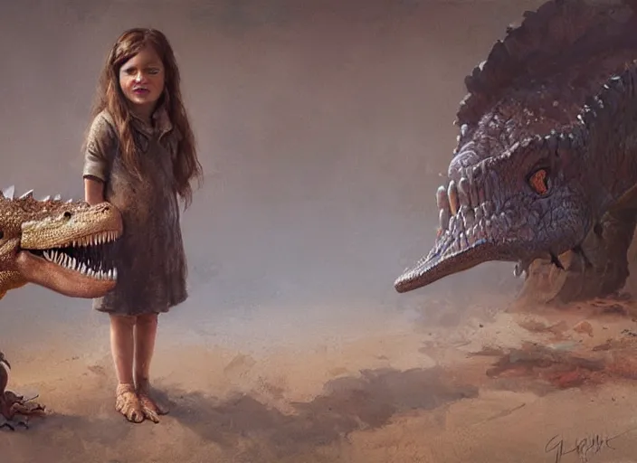 Prompt: a cute little girl with wavy curly brown hair meets a realistic accurate dinosaur. beautiful painting by greg rutkowski