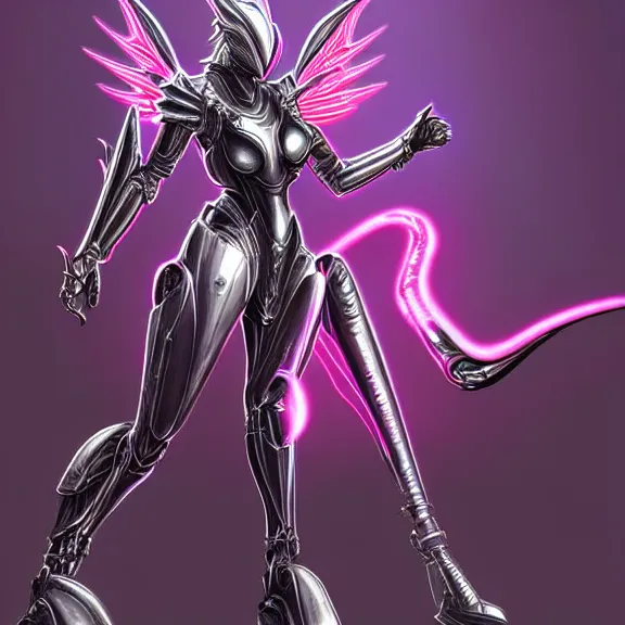 Prompt: extremely detailed giantess shot of a goddess that's a giant beautiful stunning anthropomorphic robot female dragon, standing majestically over mountains, elegant pose, streamlined shiny silver metal armor, fuchsia skin below the armor, sharp metal claws, long elegant tail, two massive metal wings on her back, warframe fanart, high quality digital art, furry art, warframe art, furaffinity, DeviantArt, 8k HD, octane render