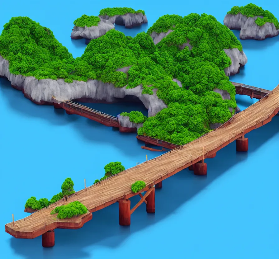 Image similar to island in sea with logan wooden bridge, unreal engine, digital, acrilic paint